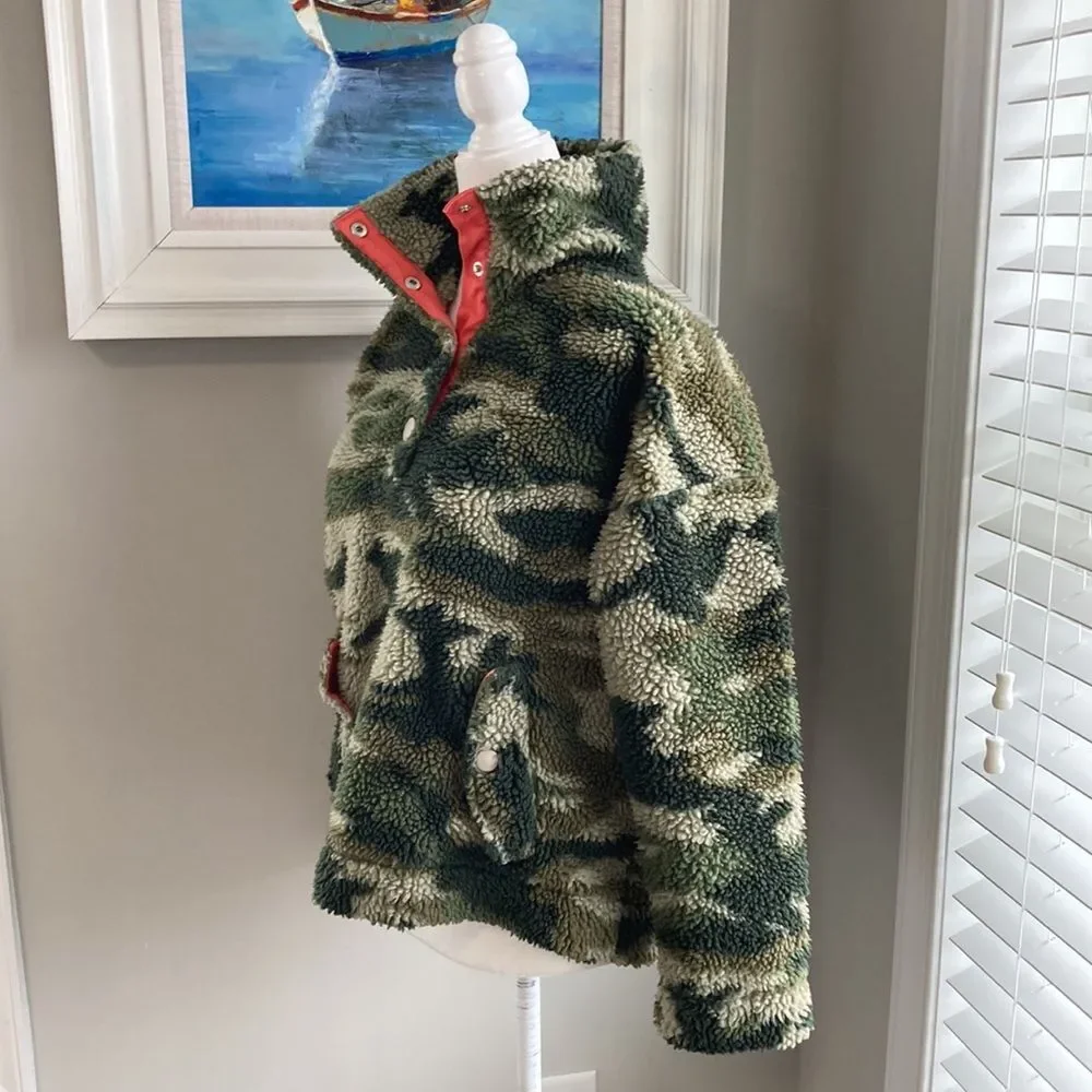 Jcrew Vintage Camo Sherpa Snap Pullover Button Fleece Jacket xs - Picture 6 of 13